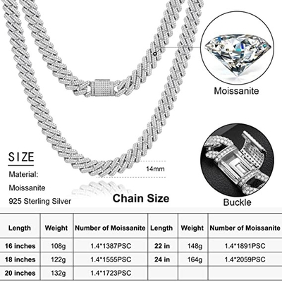 16 Inch Moissanite Hip Hop Chains 18 Inch 925 Sterling Silver Miami Cuban Link Chain