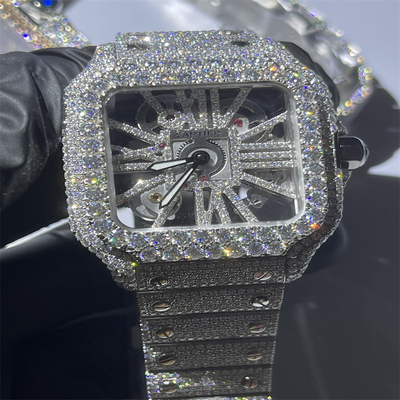 Luxury Brand Iced Out Moissanite Watch Round Brilliant Cut Skeleton Diamond Watch
