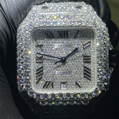 Luxury Moissanite Bust Down Watch Round Brilliant Cut Moissanite Cartier Santos