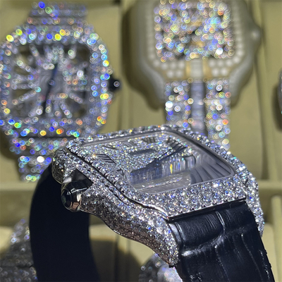 Custom Diamond Leather Band Moissanite Watch Cartier Hand Setting Iced Out 3EX