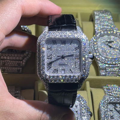 Custom Diamond Leather Band Moissanite Watch  Hand Setting Iced Out 3EX