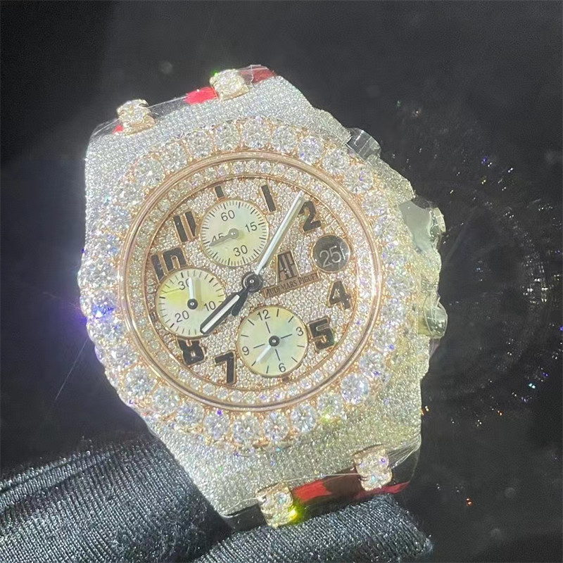 Hip Hop Moissanite AP Watch Bling 20 Carats Diamond Bezel Watch Crown